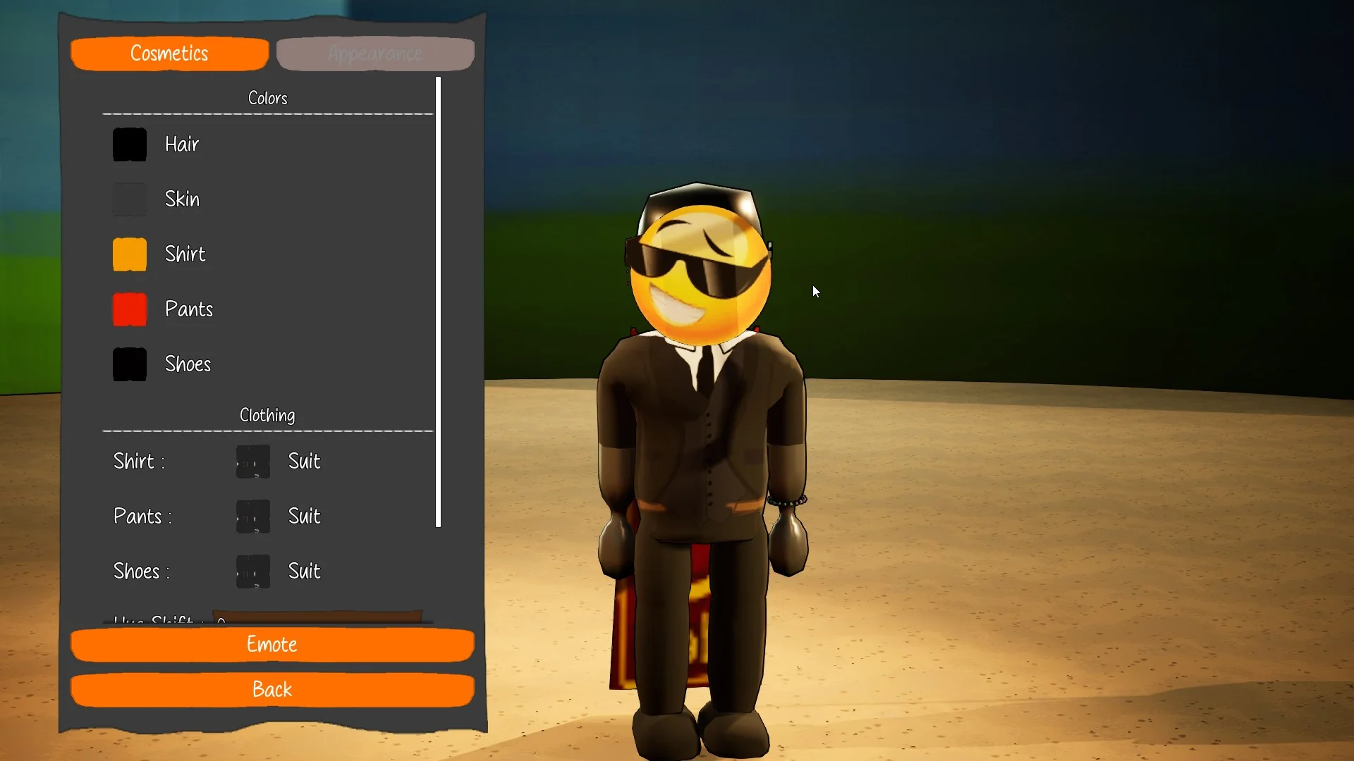 In-game appearance menu with color pickers for hair, skin, shirt, pants and shoes, and the clothing set to a Suit.