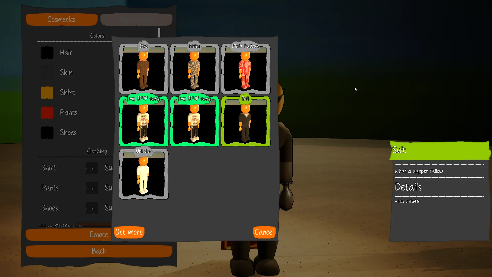 In-game clothing picker: a grid of outfits such as Suit, Plaid and Dirt plus community-made designs, each with a rarity-colored border.