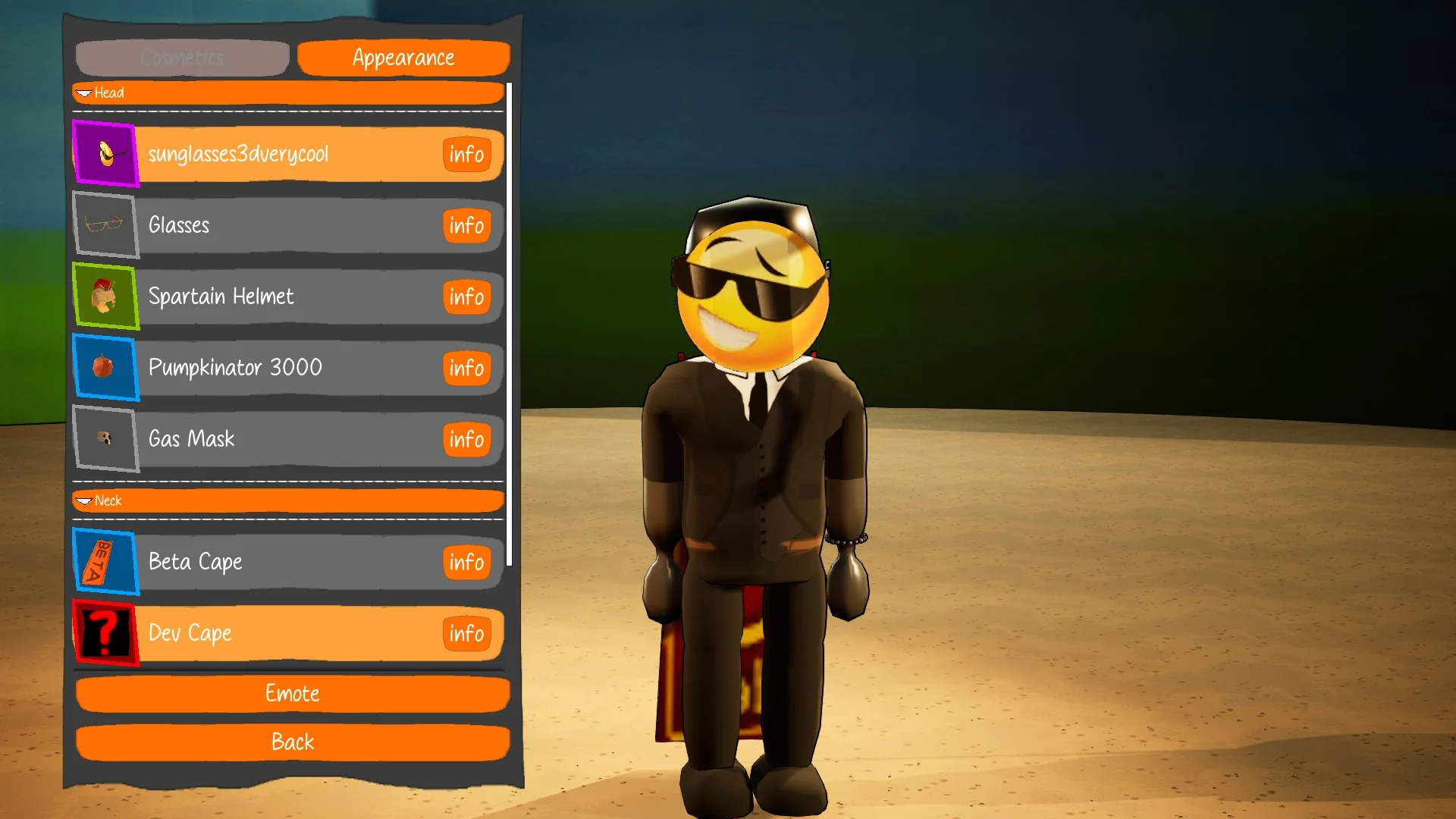 In-game cosmetics menu: a suited character with a grinning sunglasses-emoji face beside a list of head and neck items including a Spartan Helmet, Pumpkinator 3000 or a Gas Mask